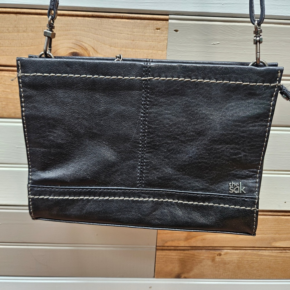 The Sak Black Leather Crossbody Bag Contrast Stitching Small Messenger Handbag
